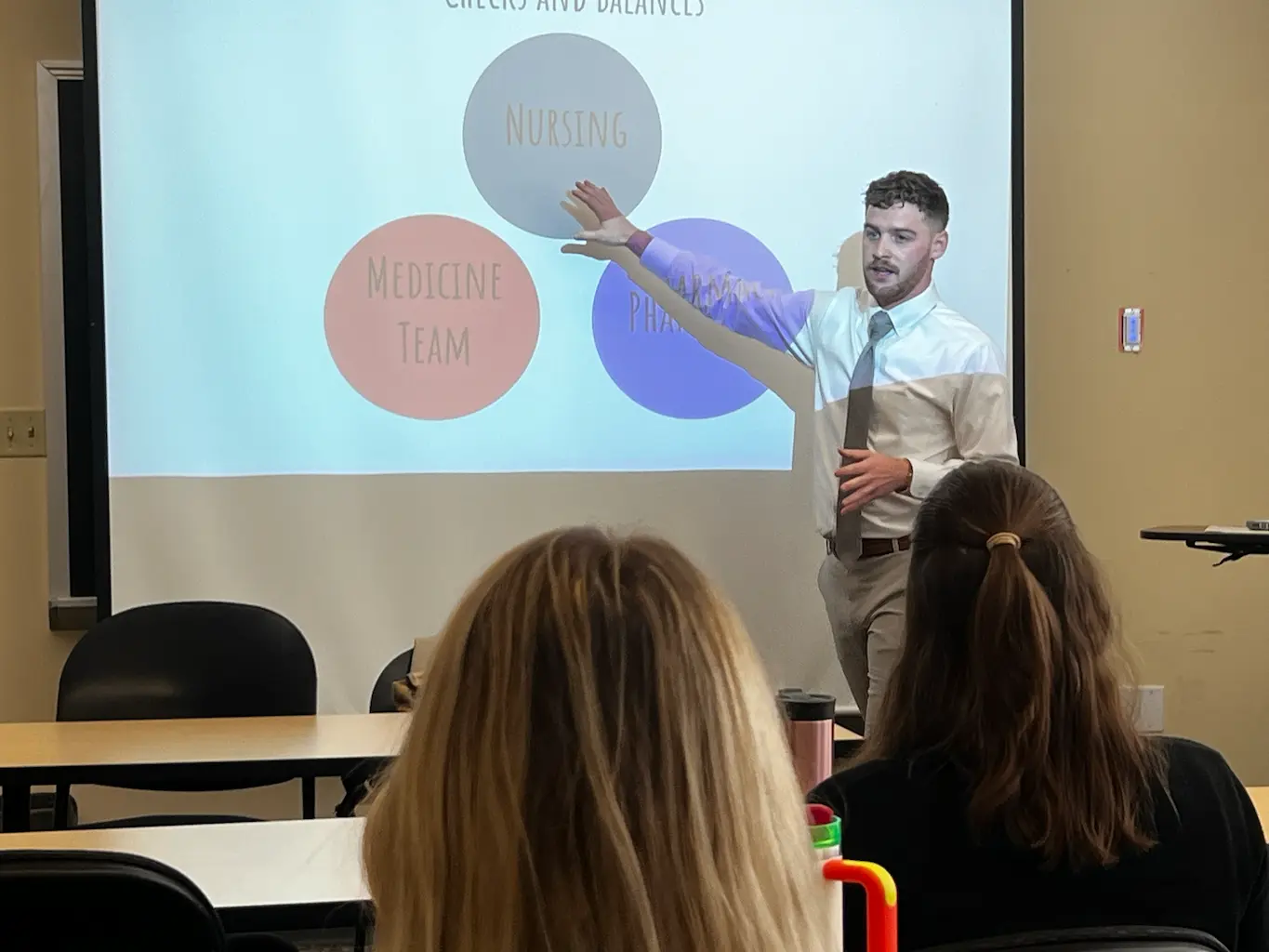 person in a white shirt and tie giving a presentation